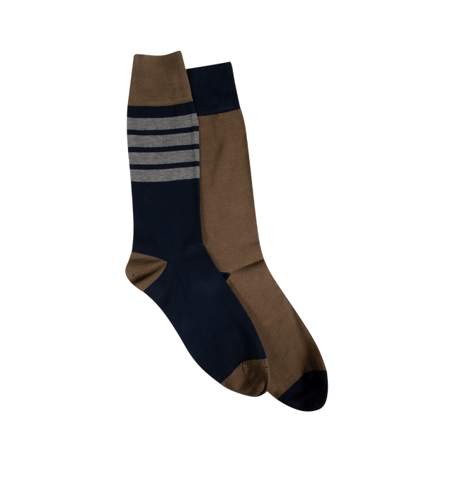 Image 1 of 2 - MULTI - THOM BROWNE Funmix 4 Bar Mid Calf Socks featuring 4-bar detailing, signature striped grosgrain loop tabs and logo stamps on bottom. 75% cotton, 25% polyamide. Made in Italy.