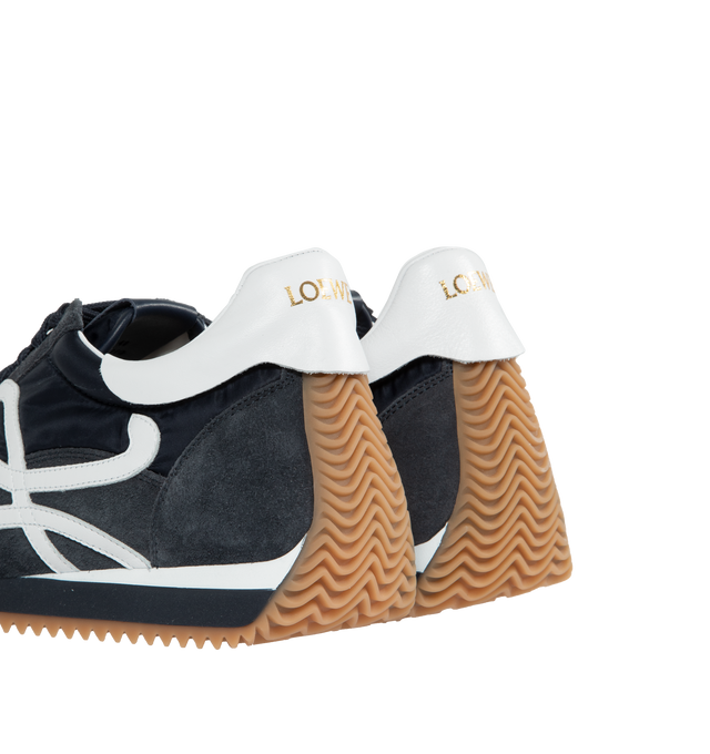 Image 3 of 5 - NAVY - LOEWE Flow Runner featuring gold LOEWE logo, lace up sneaker, rubber wavy sole, embossed Anagram on tongue and L monogram on the side. Nylon/suede. Made in Italy. 