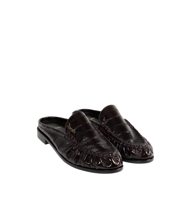 Image 2 of 4 - BROWN - SAINT LAURENT Le Loafer Mule featuring croc-embossed leather upper with leather sole, slip-on styling, cushioned leather footbed, signature penny loafer strap, cassandre at vamp and almond toe. Made in Italy.