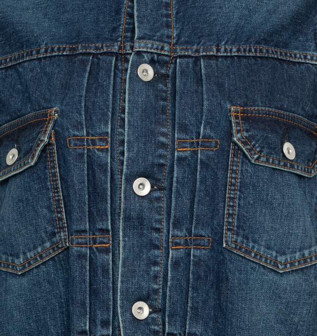 Image 3 of 3 - BLUE - SACAI Denim x Nylon Twill Jacket featuring front button closure, spread collar, long sleeves with ribbed cuffs, chest button-flap patch pockets, front welt pockets, sleeve zip utility pocket and partially lined. 100% cotton with 100% nylon contrast. Made in Japan.