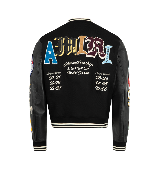 Image 2 of 4 - BLACK - AMIRI Varsity Patch Jacket featuring varsity patch detailing, zipper pocket, snap button closure and embroidery at chest. 75% wool, 25% nylon. Made in Italy.