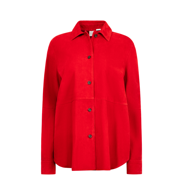 Image 1 of 2 - RED - TOTEME Soft Suede Shirt featuring buttersoft suede, paneled straight silhouette fastening with buttons at the placket and cuffs, collar and long sleeves. 100% lamb leather.