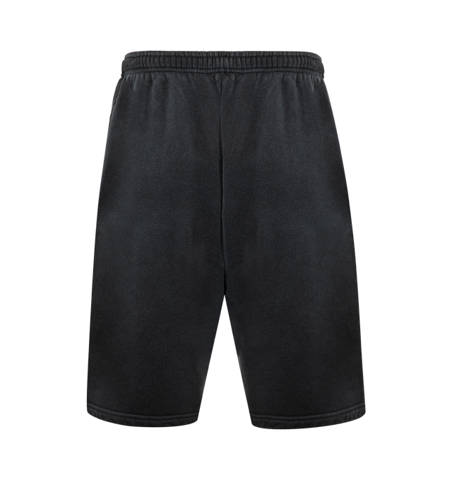 Image 2 of 3 - BLACK - WILLY CHAVARRIA Fashion Services Willy Sweat Shorts featuring heavyweight cotton French terry shorts, distressing throughout, concealed drawstring at elasticized waistband, two side pockets and text print on leg. 100% cotton.