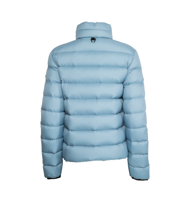 Image 2 of 3 - BLUE - MONCLER Cerces Short Down Jacket featuring nylon laqu lining, down-filled, hood, zip closure, zipped pockets, back loop, logo print and silicone matte logo. 100% polyamide/nylon. Padding: 90% down, 10% feather. 
