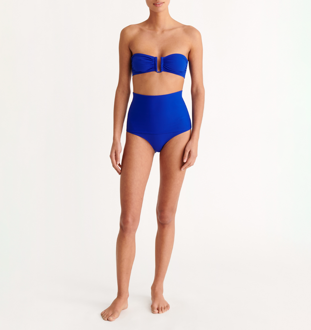 Image 3 of 6 - BLUE - ERES Show Bandeau Bikini Top featuring bust shirring at front and sides, U-shaped metal link between cups, side stays and branded large back clasp. 84% Polyamid, 16% Spandex. Made in Italy. 