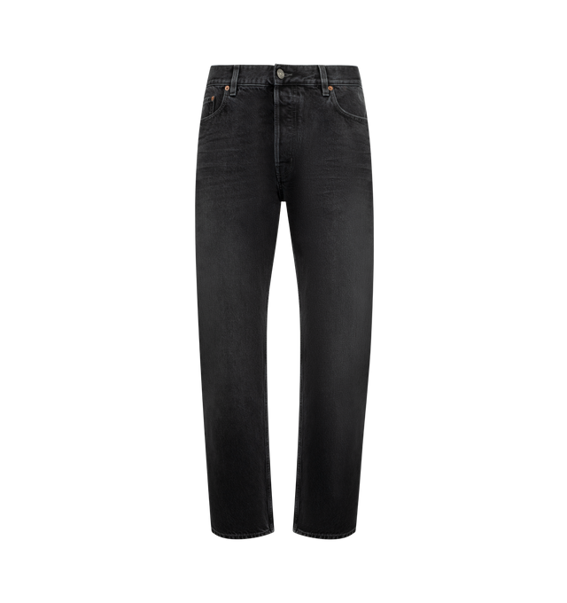 Image 1 of 3 - BLACK - SAINT LAURENT Mick Long Jeans featuring mid-rise, five-pocket style, certified cotton, a long straight leg, button fly and waistband with belt loops. 100% cotton. Made in Italy.