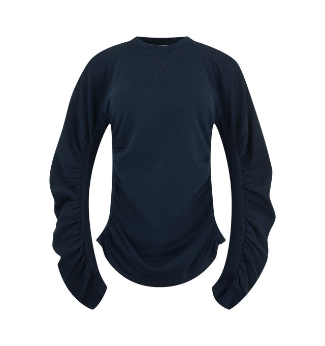 Image 1 of 2 - NAVY - JW Anderson Women's Ruched Sleeve Sweatshirt is crafted from cotton and features a relaxed silhouette inspired by an archival SS24 knitwear design. Designed with a classic round neckline, distinctive ruched sleeves, and logo embroidery at the back neck that adds a subtle signature finish. Main Material: 100% Cotton. Trim: 100% Cotton. Made in Portugal.