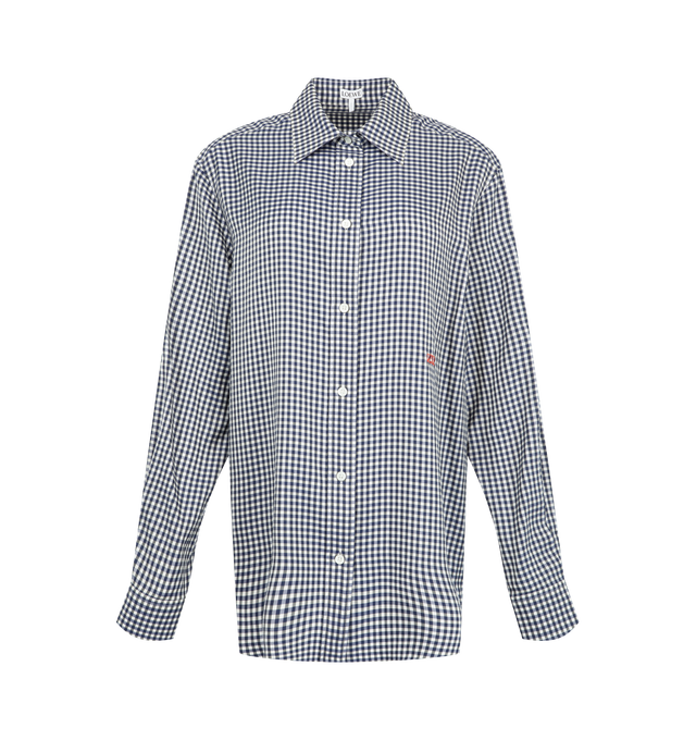 Image 1 of 3 - BLUE - Loewe Women's Shirt in Silk is crafted from lightweight checked silk twill and features a contrasting micro-check pattern at the under collar and inside cuffs. Designed in a regular fit with a regular length, this button-front style is finished with Double L embroidery at the front. Main Material: 100% Silk. Made in Italy.