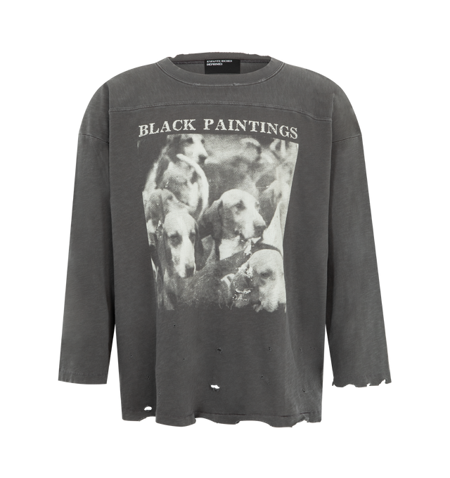 Image 1 of 2 - GREY - ENFANTS RICHES DEPRIMES Black Paintings Hockey Jersey featuring 3/4 length sleeve, heavyweight slub jersey, rib-knit neckline, double-panel shoulder and elbow pad detail, printed artwork at the front and back, a signature vintage wash process and distressing throughout.