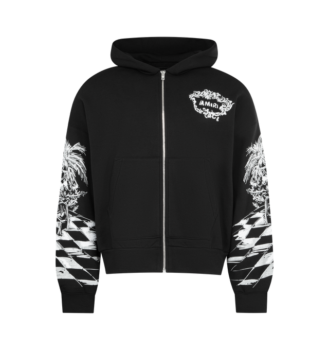 Image 1 of 2 - BLACK - AMIRI Chateau Sketch Zip Hoodie featuring front zip closure, split kangaroo pocket, embroidered graphic detail throughout and terrycloth lining. 100% cotton. Made in Italy.