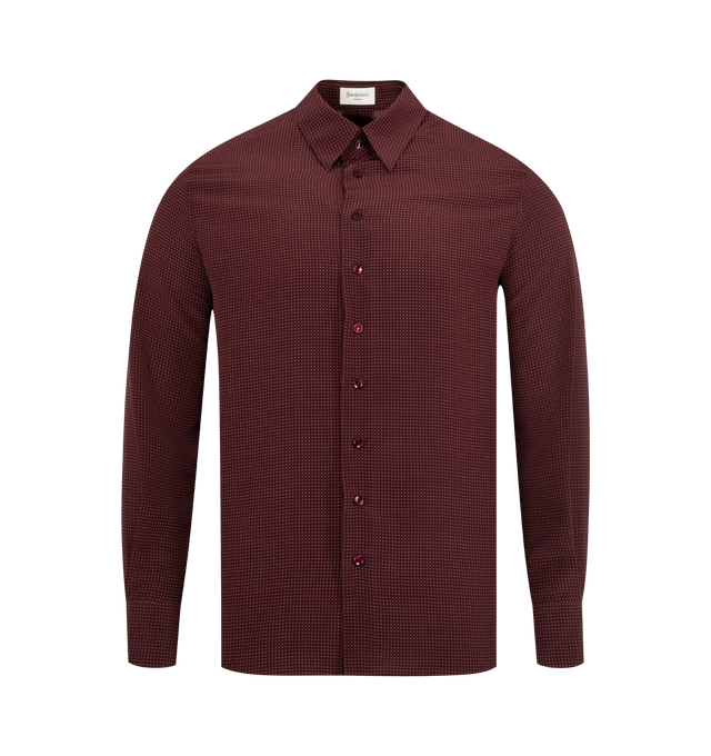 Image 1 of 2 - RED - SAINT LAURENT Chemise Shirt featuring buttoned front closure, made with certified silk, a skinny fit, pointed collar, straight shoulders, pointed collar, one-button cuffs, straight hem and box pleat at the back. 100% silk. Made in Italy.