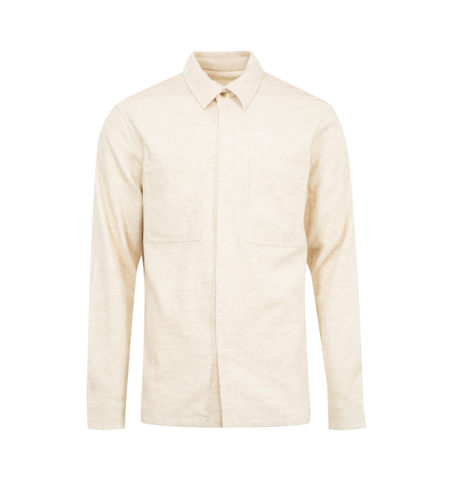 Image 1 of 2 - WHITE - RICK OWENS Work Shirt featuring classic collar, long sleeves, front button closure, buttoned cuffs, level shoulder seams, two chest patch pockets and back yoke. 74% cotton, 26% linen.