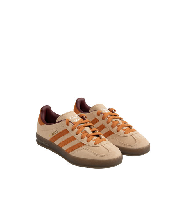 Image 2 of 5 - NEUTRAL - Adidas Gazelle Indoor Sneakers are a lace-up style with leather upper and overlays, gum outsoles and textile linings. Unisex style in men's sizes.