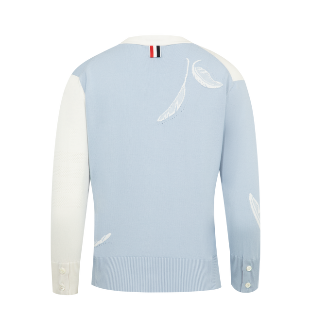 Image 2 of 2 - BLUE - THOM BROWNE Funmix Feather Intarsia Pointelle Cardigan featuring woven feathers, 4-bar detailing, v neck, front button closure with striped grosgrain placket, buttoned side vents with signature striped grosgrain trim, buttoned cuffs with signature striped grosgrain trim and signature striped grosgrain loop tab. 100% cotton. Made in Italy.
