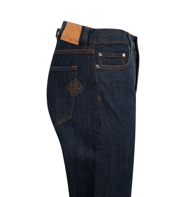 Image 3 of 3 - BLUE - CASABLANCA Laurel Selvedge Denim Jeans featuring embroidered interlocking CC logo, belt loops, front and back pockets, gold-plated branded hardware, and a zip closure. 100% cotton.