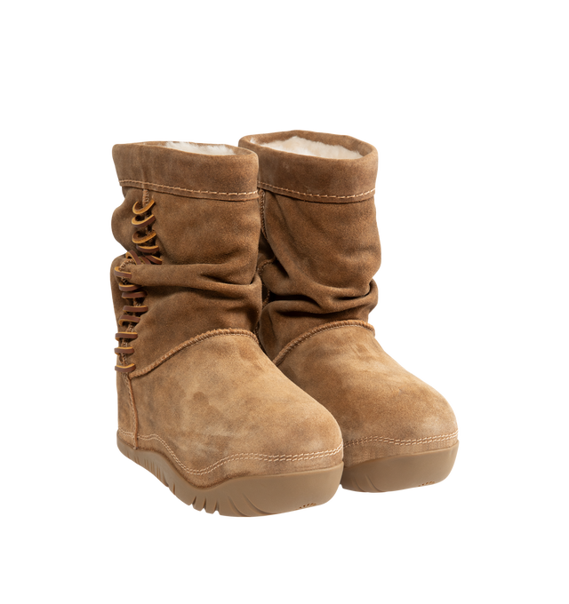 Image 2 of 4 - BROWN - UGG women's Bucked boot with a soft suede upper with an elevated, worn-in feel and a leather whipstitch detail, signature sheepskin lining and cushy rubber platform. Features sugarcane EVA midsole, molded rubber outsole and UGG Logo, heat-embossed.