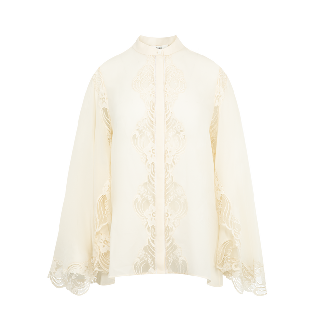 Image 1 of 2 - WHITE - CHLOE Fluid Blouse in silk georgette & lace featuring lace trims, jour chelle inserts, and mother-of-pearl buttons. 100% silk.