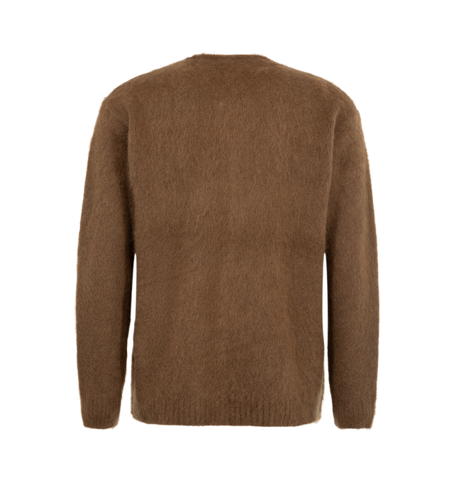 Image 2 of 2 - BROWN - Needles Men's Mohair Crew Neck Cardigan is crafted from a mohair-blend knit and features a classic crew neckline, button-front closure, and a relaxed silhouette. Designed for lightweight warmth and a soft brushed texture, this signature cardigan is finished with ribbed trims for a clean, versatile fit. Main Material: 55% Mohair, 30% Nylon, 15% Wool. Made in Japan.