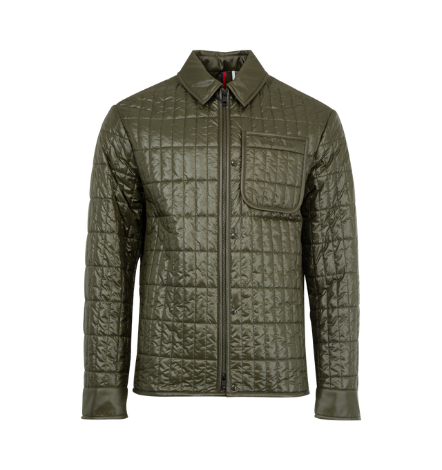 Image 1 of 3 - GREEN - MONCLER Madiere Vertical-Quilted Padded Shirt Jacket featuring polyester lining, padded, zipper and snap button closure, zipped pockets, chest pocket, adjustable cuffs and logo detail. 100% polyester. Padding: 83% polyester, 17% polyethylene.