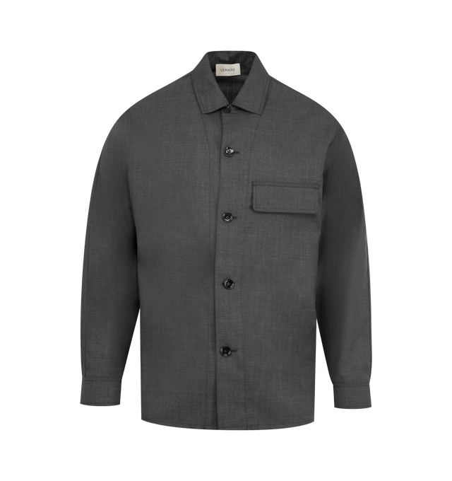 Image 1 of 2 - GREY - LEMAIRE Light Tailored Overshirt featuring a chest flap welt pocket, buttoned cuffs, straight hem, classic collar and large black button front. 100% wool.