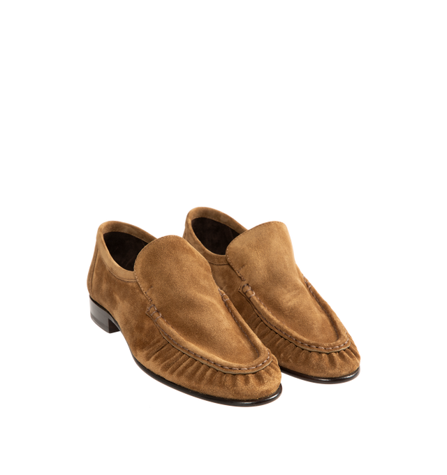 Image 2 of 4 - BROWN - THE ROW Soft Moccasin Two featuring moccasin loafer in soft calfskin suede with oval toe, topstitched front detailing with natural pleating effect and stacked leather heel. 0.8 in. heel. 100% calfskin suede. Lined in 100% goatskin leather. Calfskin leather sole. Made in Italy.