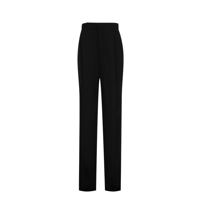 Image 1 of 3 - BLACK - Saint Laurent Women's Crepe Pants are crafted from wool and viscose and feature a mid-rise tailored silhouette with a wide leg, single pleat, and center crease. A concealed front button, hook-and-zip closure, belt loops, two front slash pockets, and two back welt pockets complete the design. Main Material: Wool and Viscose. Made in Italy.