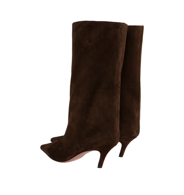 Image 3 of 4 - BROWN - AMINA MUADDI Fiona Suede Boot featuring pointed toe, buffed goatskin lining, covered stiletto heel with rubber injection and leather sole with rubber injection. 60MM. Upper: goatskin. Sole: leather, rubber. Made in Italy. 