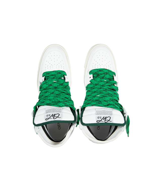 Image 5 of 5 - WHITE - OFF-WHITE 3.0 OFF COURT CALF LEATHER are high top "Off-Court" 3.0 sneakers in white with Off-White logo on one side. Green and black labels detailing. White rubber sole. Green and black lace-up closure. Outer: 30% Cotton Outer: 55% Leather Outer: 10% Polyamide Outer: 4% Polyester Sole: 100% Rubber Outer: 1% Elastane 