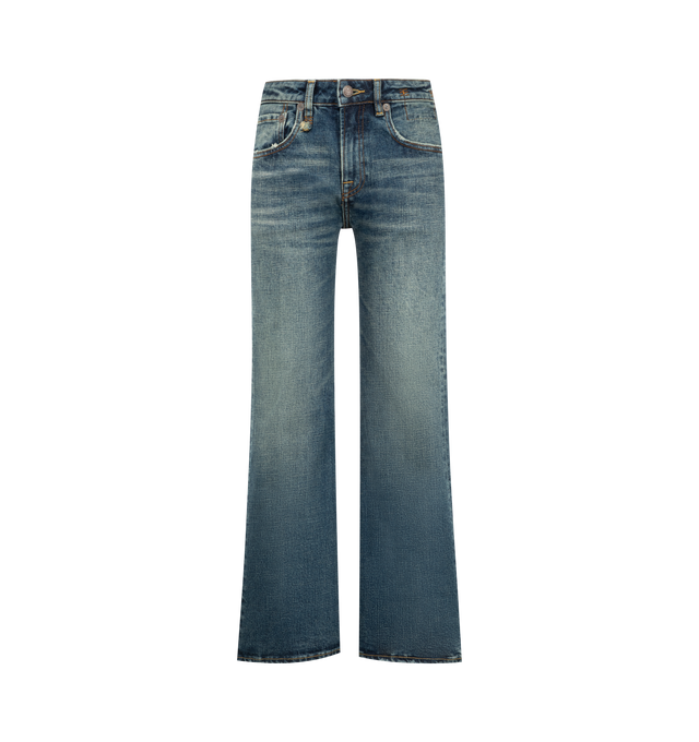 Image 1 of 3 - BLUE - R13 Womens Kick Flare Jeans are crafted from mid-weight Japanese black stretch denim and feature a relaxed fit with flared legs from the knee to the hem. Finished with a vintage dark black wash and subtle grinding throughout. Main Material: 98% Cotton, 2% Polyurethane. Imported.