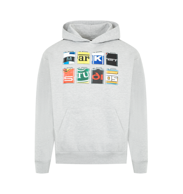 Image 1 of 2 - GREY - MARKET Oil Can Hoodie featuring long sleeves, ribbed hem and cuffs, fixed collar, kangaroo pocket and graphic on front. 80% cotton, 20% recycled polyester.