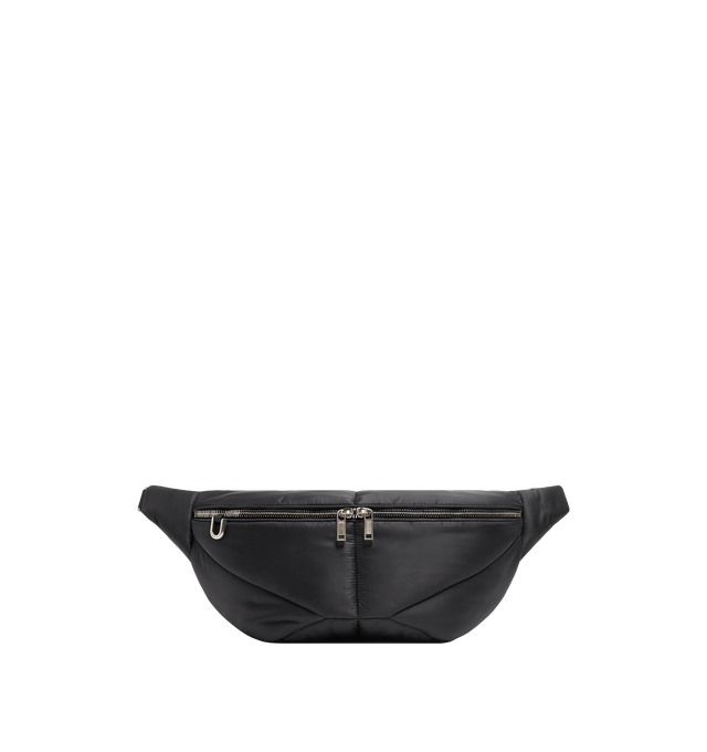 Image 1 of 1 - BLACK - RICK OWENS X MONCLER Bumbag Belt Bag featuring polyester, nylon lining, padded, ribbon belt with adjustable closure, zipper closure, zipped pocket, inner pockets and key ring. L 48 cm x H 19 cm x D 6 cm. 100% polyester.