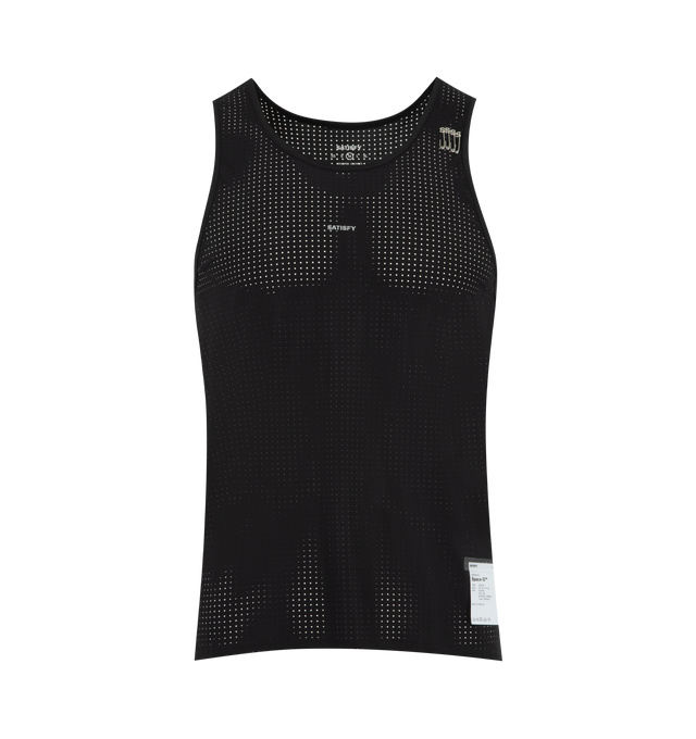 Image 1 of 3 - BLACK - SATISFY Space-O Singlet Top featuring sleeveless tank, Italian micro jersey with precision punched openings, four-way stretch, four S-Pins, stealth-reflective SATISFY logo and fully detachable care label on the outside. 73% nylon, 27% elastane.