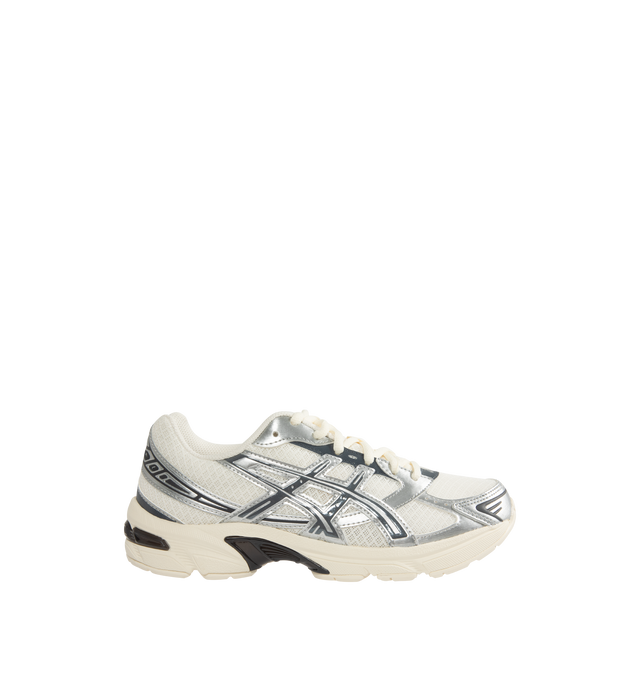 Image 1 of 5 - GREY - ASICS Mens GEL-1130 Sneakers feature a breathable mesh upper with metallic synthetic leather overlays. Designed with a lace-up closure, padded tongue and collar, GEL heel cushioning for shock absorption, cushioned footbed, breathable mesh lining, and a durable rubber outsole for flexible traction. Upper: Mesh and Synthetic Leather; Midsole: GEL Technology; Outsole: Rubber. Imported from Indonesia.
