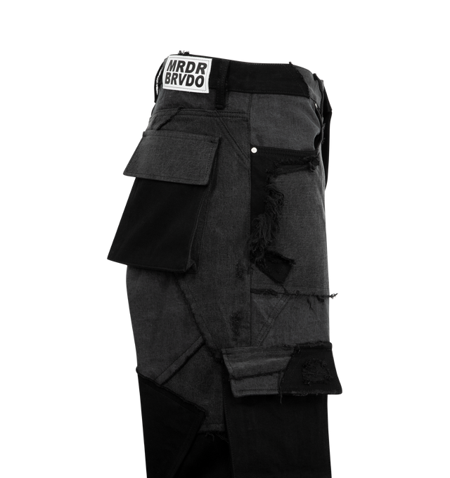 Image 3 of 3 - GREY - WHO DECIDES WAR Destroyed Paneled Cargos featuring a straight fit, embellished with repaired distressing throughout, paneled construction, two front pocket, two back flap pockets and flap pockets on outseam. 100% cotton.