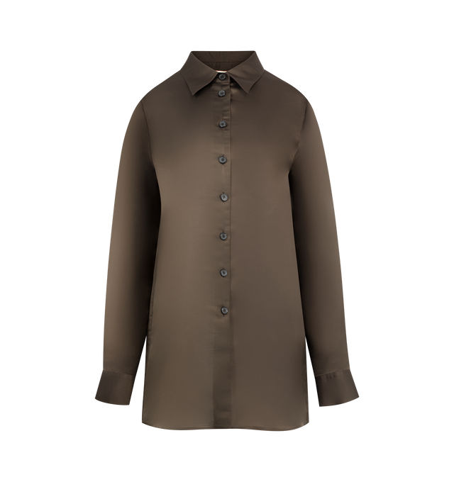 Image 1 of 2 - BROWN - KHAITE Auryn Top featuring button-up closure, relaxed fit, silky Italian twill, back yoke with box pleat and single-button cuffs. 55% viscose, 45% silk.