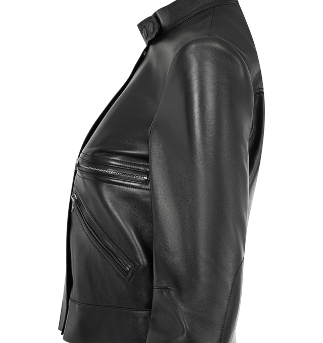 Image 4 of 4 - BLACK - TOM FORD Nappa Leather Racer Jacket featuring a sculpted racer jacket cut in supple nappa leather, a band collar and silver-tone zipped pockets. 100% lamb leather. Lining: 100% viscose. Made in Italy.
