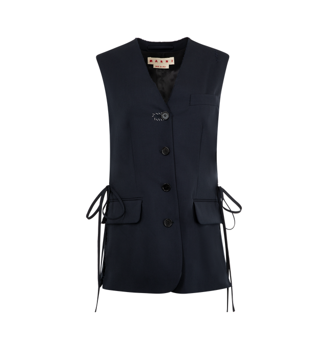 Image 1 of 2 - BLUE - MARNI Wool Waistcoat featuring v-neck, raw-cut side slits with adjustable ties, upper welt pocket, lower flap pockets, button closure, hand-embroidered Marni Symbol on the shoulder and Marni Mending around the buttonhole. Lined. 100% virgin wool. Lining: 100% viscose/rayon. Made in Italy.
