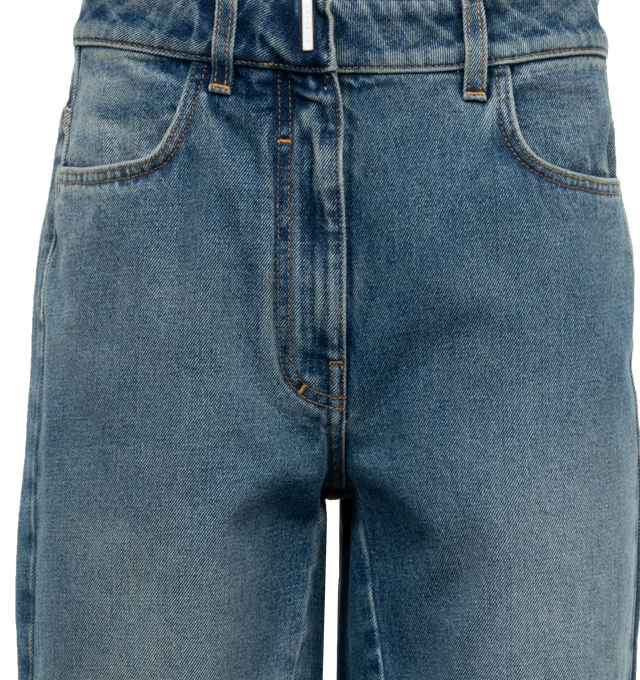 Image 3 of 3 - BLUE - GIVENCHY Oversized Jeans with Stitching Details featuring washed denim, waist with loops and zipped closure with GIVENCHY metal bar, two front pockets and two back pockets, no hems for a raw effect and oversized fit. 100% cotton. Made in Italy. 