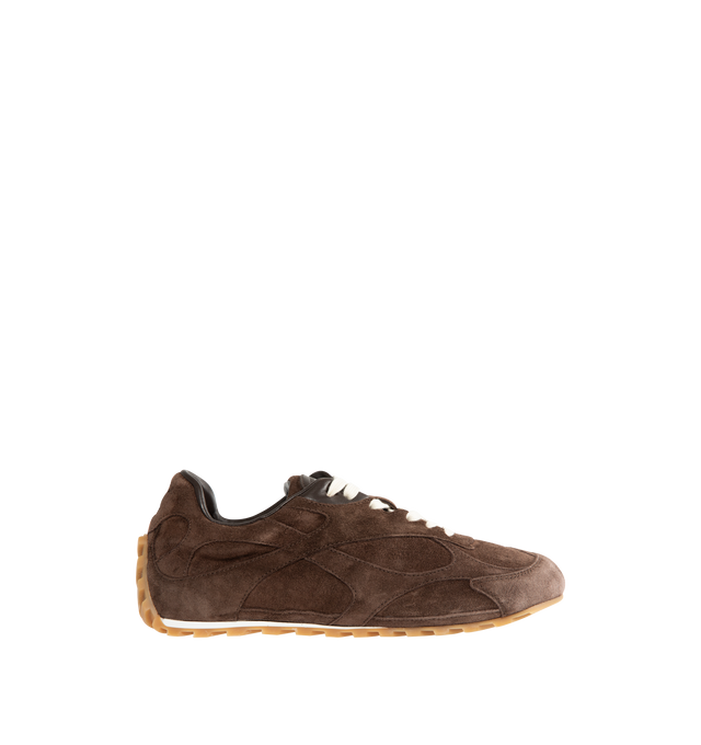 Image 1 of 5 - BROWN - BOTTEGA VENETA Orbit Flash Sneaker featuring low-top, lace-up closure, soft suede upper and rubber sole. Calfskin. Lining: lambskin. Made in Italy.