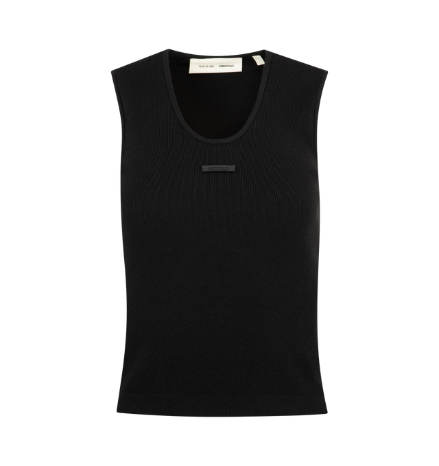 Image 1 of 2 - BLACK - FEAR OF GOD ESSENTIALS Rib Tank featuring poly-nylon rib knit, form fitting, cropped at the hip and a Fear of God Essentials label is positioned at the back. 88% polyester, 12% nylon rib knit.