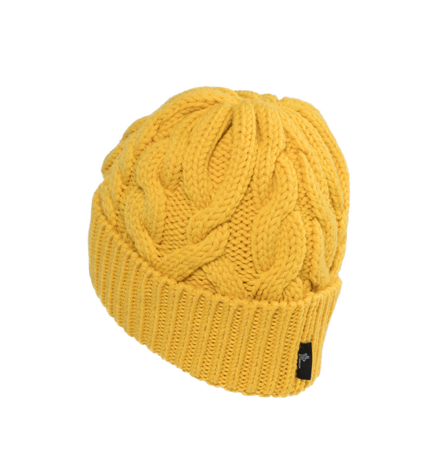 Image 2 of 2 - YELLOW - MONCLER GRENOBLE CABLE KNIT WOOL BEANIE featuring ultra-fine wool, stockinette stitch, Gauge 3 and nylon laqu tricolor logo. 100% virgin wool. 