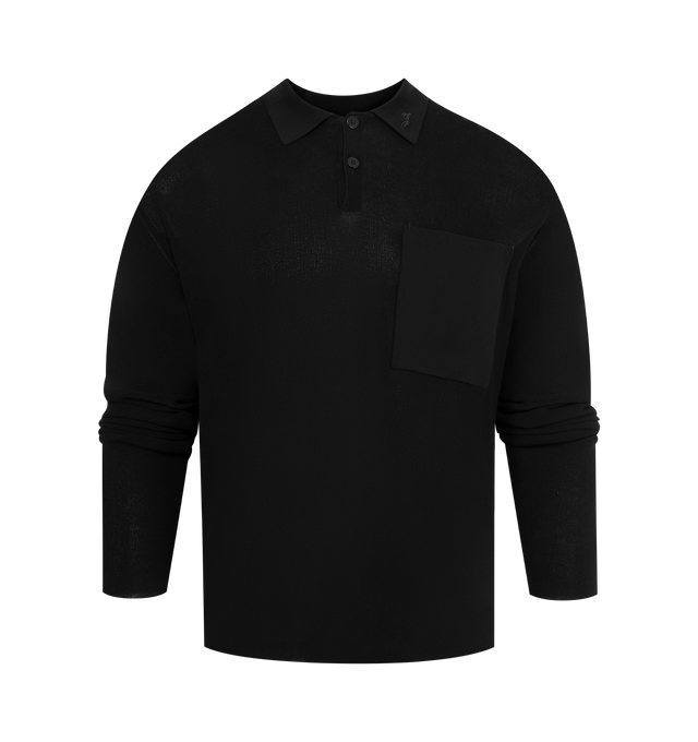 Image 1 of 2 - BLACK - JACQUEMUS Tricot Polo Shirt featuring straight fit, light cotton-blend knit, ribbed polo collar, embroidered "J" on the the collar, slanted square patch pocket, contrast bar tacks, long fitted sleeves and matching buttons. 82% cotton, 18% polyamide. Made in Italy.