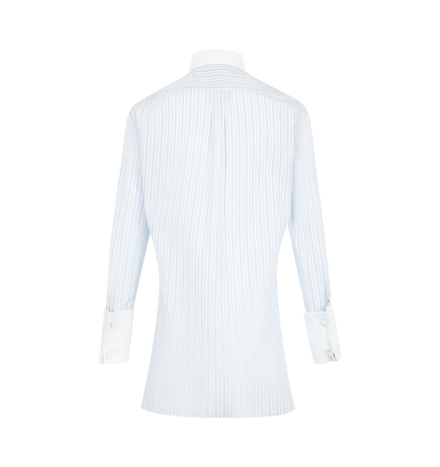 Image 2 of 2 - BLUE - Tom Ford Womens Striped Cotton Tuxedo Shirt is crafted from lightweight cotton voile and features a structured self-lined plastron front, wing-tip collar, piqu bib, covered piqu button-front closure, barrel cuffs, mother-of-pearl button detailing, a back yoke, and concealed elasticized cuffs for added comfort. This designer cotton dress shirt combines classic tuxedo-inspired tailoring with refined craftsmanship for elevated formal and everyday styling. Main Material: 100% Cotton; Butto