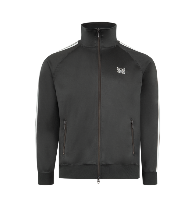 Image 1 of 3 - GREY - NEEDLES Track Jacket in poly smooth featuring stand collar, two-way zip closure, logo embroidered at chest, zip pockets at front, rib-knit hem and cuffs, stripes at side seams and sleeves and raglan sleeves. 100% polyester. Made in Japan.