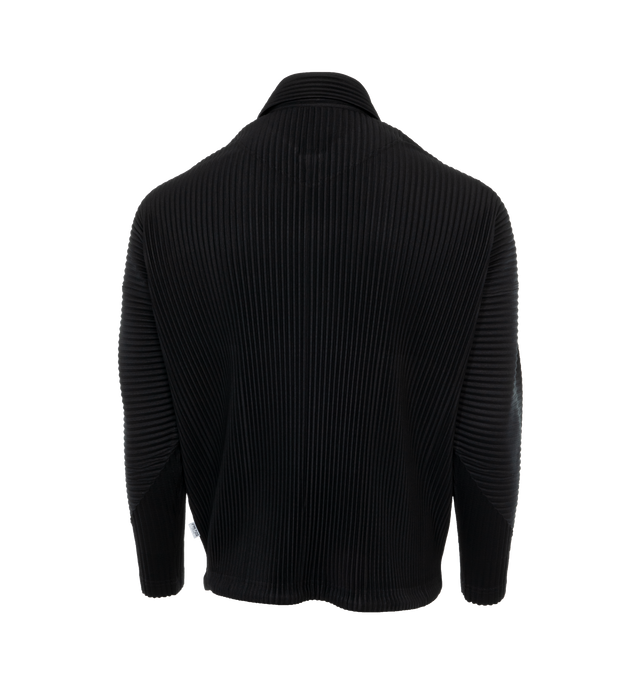 Image 2 of 3 - BLACK - ISSEY MIYAKE Long Sleeve Shirt featuring spread collar, press-stud closure, welt pockets, concealed drawstring at hem, dropped shoulders and unlined. 100% polyester. Made in Japan. 