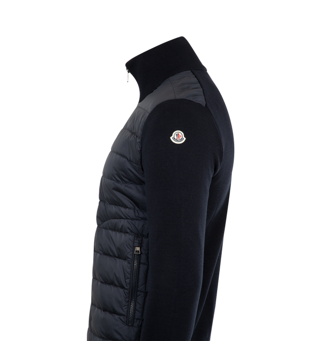Image 3 of 3 - NAVY - MONCLER Padded Zip-Up Cardigan featuring a wool blend, down-filled nylon lger front, gauge 12, zipper closure, zipped pockets and logo patch. 100% polyamide/nylon. 50% acrylic, 50% virgin wool. Padding: 90% down, 10% feather.