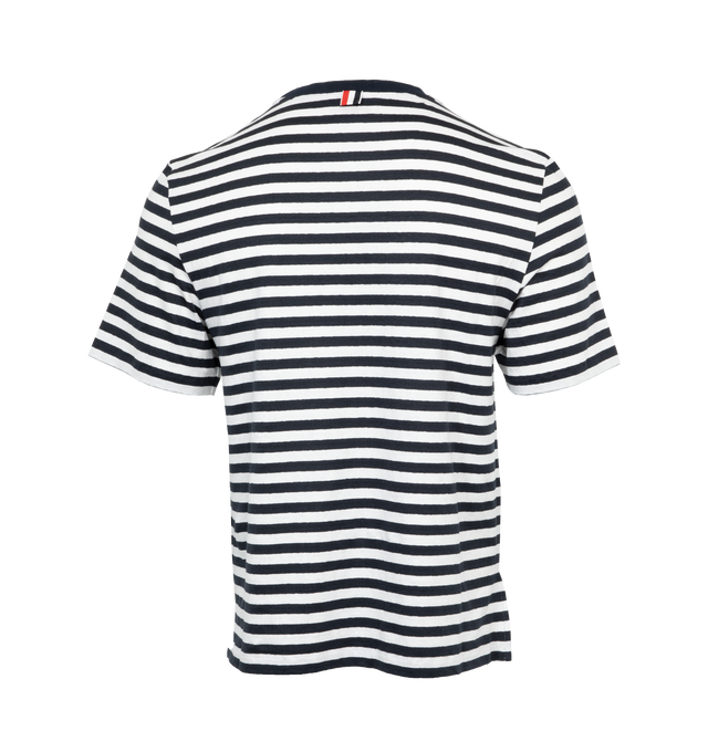 Image 2 of 3 - NAVY - THOM BROWNE Striped Linen Pocket T-Shirt featuring classic horizontal stripes, chest pocket, crewneck, short sleeves and pulls over. 96% linen, 4% elastane. Made in Italy. 
