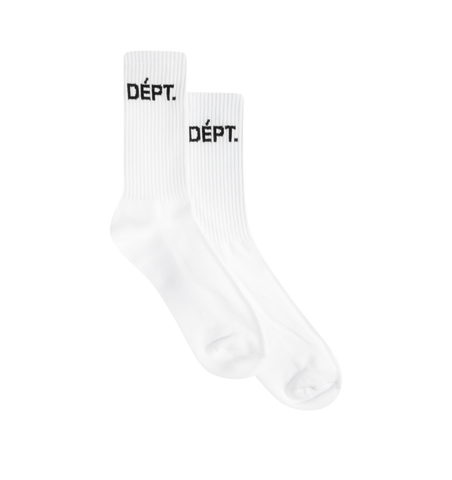 Image 1 of 2 - WHITE - GALLERY DEPT. Dept Socks featuring soft mid-calf socks with ENGLISH DEPT. logo on each side. 100% cotton.
