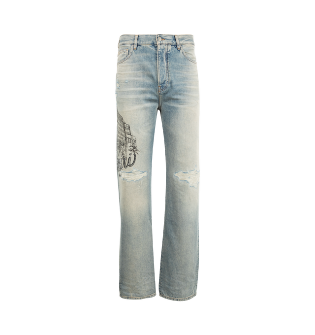 Image 1 of 3 - BLUE - AMIRI Crystal Amiri Hotel Jeans featuring belt loops, five-pocket styling, button fly, crystal appliqu at outseam, logo patch at back waistband and relaxed fit. 98% cotton, 2% elastane. Made in United States.