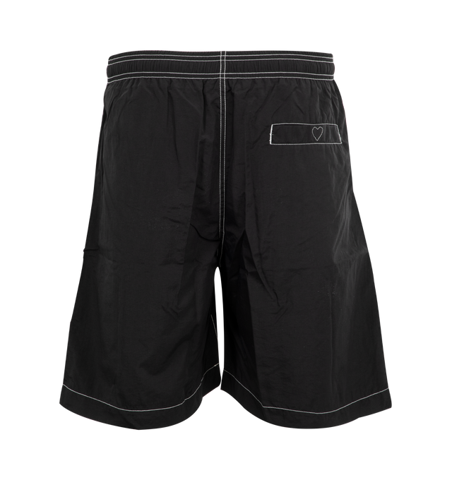 Image 2 of 3 - BLACK - HUMAN MADE Swim Shorts featuring contrast stitching, logo printed at front leg, side pockets, back welt pocket and elastic waist.
